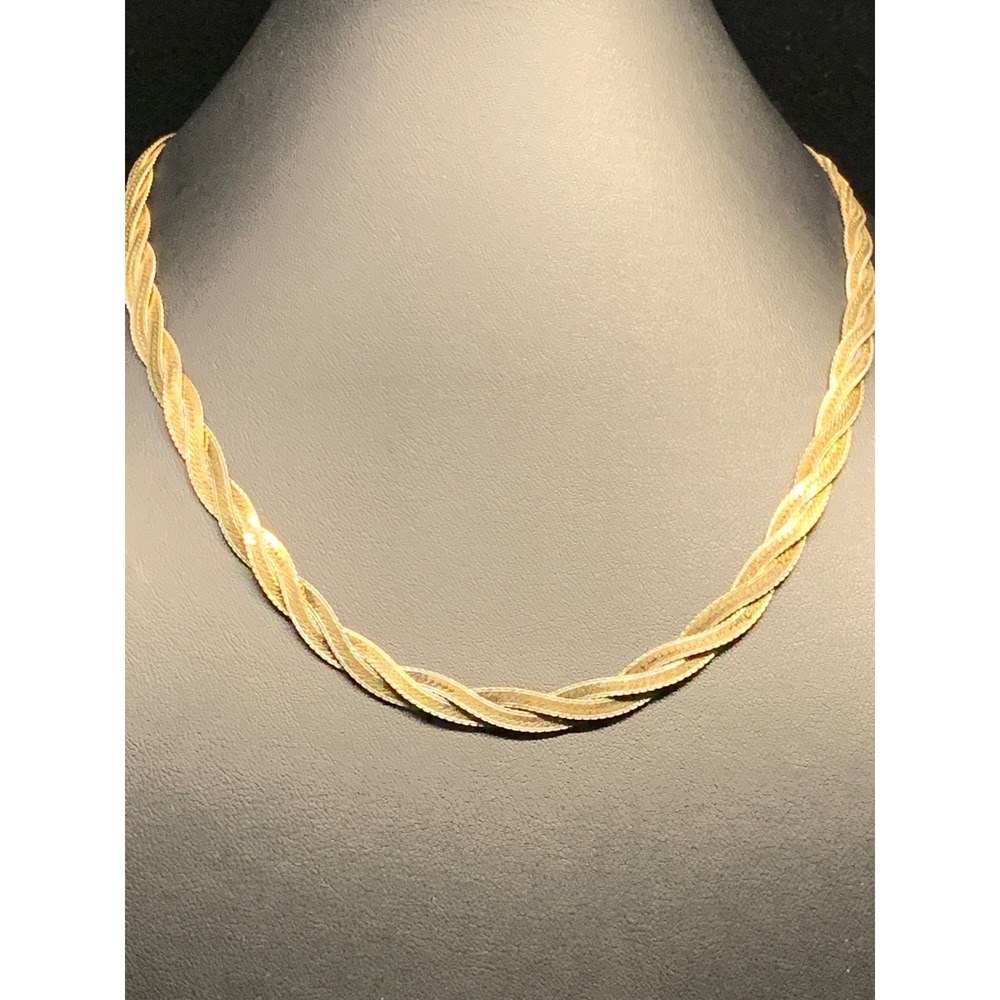Vintage 925 Chain Braided Herringbone Necklace Gold Tone 17.5 Inch 16.27g